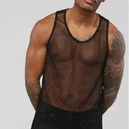 Men's Tank Tops Vest Men O-neck Party Nightclub Wear Polyester Rose Red Black Fashion M-2XL Mesh Patchwork Sexy Vests