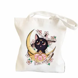 Shopper Sailor Meow On the Mo Kawaii Tasche Harajuku Frauen Shop Tasche Canvas Shopper Tasche Mädchen Handtasche Schulter Lady Z3wb #