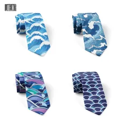 Japanese Ukiyo-e Wave Print Neckties Retro Art 8cm Wide Polyester Men's Women's Accessories Wedding Party Gift Ties For Adult