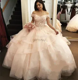 Baby Pink Ball Gown Quinceanera Dresses Off Shoulder Lace up Back Appliques Beads Long Formal Prom Party Gowns for Sweet 163235522