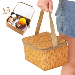 Ao ar livre Portátil Imitati Rattan Picnic Bag Thermal Isolated Lunch Bag Cam Food Basket Cooler Tote Trazer Refeição Ctainer T9RC #