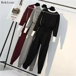 Women's Two Piece Pants Rebicoo Knitted Casual Tracksuit Pant Suits Fashion Elegant 2 Set Women Pullover Sweater And Trousers