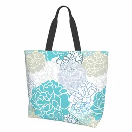 abstract Blue Grey Fr Dahlia Botan Floral Bright Color Canvas Tote Bag for Women Weekend Kitchen Grocery Bags a4Bc#