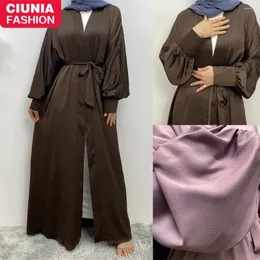 Abbigliamento etnico Ramadan Abaya Dubai Raso a coste di lusso Turchia Abito modesto Elegante con tasche Kimono musulmano Caftano Islam Khimar Kebaya