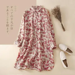Vestidos casuais limiguyue literário verão fino algodão vestido de linho mulheres reta camisa longa manga floral impressão vestidos soltos e414