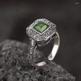 Küme Yüzükleri S925 Sterling Gümüş Yıpranmış Hetian Jasper uğurlu Çim Desen Kare Yüzük Antik Çin-Şık Açık Parmak