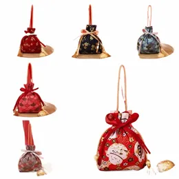 Sakura Floral Canvas FR DrawString Bag Lucky Cat Satin Bow Festive Sugar Bag Wedding Candy Bag Storage Z2K0#