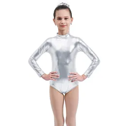 Aoylisey Ballet Dance Shinny Metallic Leotards for Girls Silver High Collar Gymnastics Bodysuit Long Slave Gold Child Traje