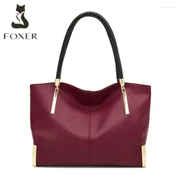 Kvällspåsar Foxer Women Split Leather Shoulder Kvinnliga stora kapacitet Handväskor damer Totes Luxury Design Top Handtag Klassisk handväska