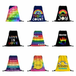 Pride Day MTH DrawString Bags Rainbow Heart Theme Sport Ryggsäck Love Is Love LGBTQ Equal Rights Veet Strap Pocket Wholesale C6Hz#