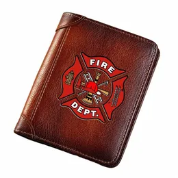 high Quality Genuine Leather Wallet Firefighter Fire Ctrol Symbol Printing Standard Purse BK097 o2Qt#