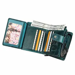 CTACTs äkta läderplånbok Kvinnor RIFD Small Card Holder Wallet Ladies Blue Coin Purse Portfel Fi Trifold Clutch Bag G2XB#