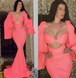 yousef aljasmi recided pink long sleeve mermaid evening dresses 2020 evening dons evers