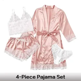 Frauen Sommer Sexy Pyjama Hosen Set 4 Stück Spitze Satin Mit Seide Nachtwäsche Robe Mode Und Bequeme Nachtwäsche 240326