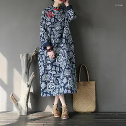 Casual Kleider NINI WUNDERLAND Winter Print Plus Fleece Lose Robe 2024 Frauen Vintage Dicke Warme Kleid Weibliche Nation Stil