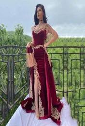 Borgonha vestido de noite com trem destacável alta pescoço apliques marrocos kaftan veludo sereia árabe muçulmano baile festa dress1088110
