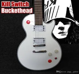 Pulsante Arcade personalizzato Killswitch Buckethead Signature Chitarra elettrica Alpine White Tastiera in ebano Senza intarsi 24 tasti Jumbo Top S8908949