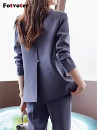 Fotvotee Solid Suits for Women 2023 New Office Ladies Turn Down Collar Slim Long Sleeve Blazers Vintage High Waist Pant Suits