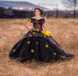 2022 País Preto Mexicano Quinceanera Vestidos Querida Vestido de Baile Bordado de Flores Coloridas Fora Dos Ombros Com Manga Doce 15 8194961