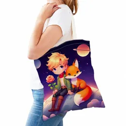 أكياس متجر للسيدات مزدوجة الطباعة Carto Prince Fox Rose Planet Planet Handbag قابلة للطي قابلة للطي حقيبة Casaul Style Tote v2uo#