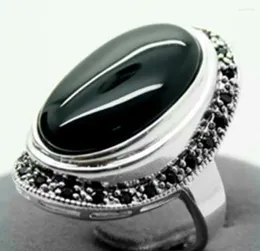 Cluster Rings Fashion Jewelry Pretty 17x30mm Black Agates Inlay Marcasite 925 Sterling Silver Ring 7/8/9/10