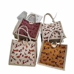 women Linen Canvas Handbag Fr Print Shop Bag Female Top Handle Bag Eco Casual Tote Bag Portable Japanese Mini Handbag R5qZ#