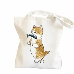 Kawaii Katzen Fisch Shop Tasche Shopper Tasche Einkaufstasche Sommer Schulter Leinwand Große Kapazität Wild Menger Süße Spaß Handtasche 69UW #