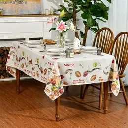 Table Cloth Rosh Hashana Rectangle Tablecloth Dining Table Decor Je Shana Tova Pomegranate Food Washable Table Cover for Party Decor Y240401