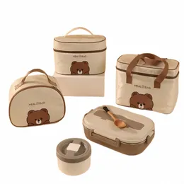 lunch Bags Leather Bear Kids Large Capacity Bento Pouch for Children Thermal Insulated Cooler with Tablee Cup Tote Picnic Box U30N#