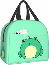 Kawaii Green Frog Lunch Bento Bag Lunch Box isolato Riutilizzabile Borsa da pranzo impermeabile con tasca frontale per viaggi in ufficio Picnic l2Sz #