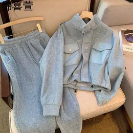 Coreano outono cinza manga comprida jaqueta cintura alta calças de perna larga conjunto de duas peças para as mulheres agasalho feminino roupas esportivas 240329