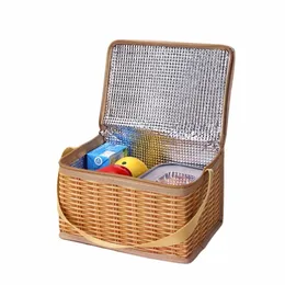 Outdoor tragbarer Camp Picknicktasche Weiden Rattan Aufbewahrung Handtaschen Große isolierte Kiste Lebensmittel Ctainer Lunchbag Thermalkühler Taschen W8MV#