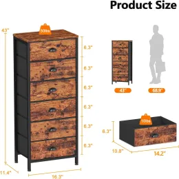 Высокий комод с 6 ящиками, вертикальным конечным столом и тумбочкой для спальни, промышленная мебель для прикроватных с ткани.