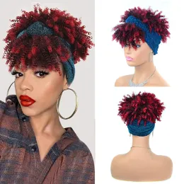 Parrucche Corte Ricci crespi Fascia Parrucche Afro Ricci Parrucca Bordeaux con Sciarpa Ricci naturali Parrucche nere Cosplay Capelli finti sintetici