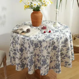 Tischdecke aus Baumwolle und Leinen, runde Tischdecke, Vintage-Stil, blau, mit Blumenmuster, Weihnachtsdekoration, Esszimmer für Zuhause, Garten, Tee