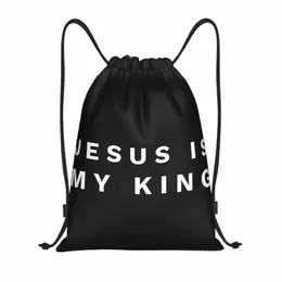 Benutzerdefinierte Jesus ist mein König Kordelzug Tasche für Shop Yoga Rucksäcke Frauen Männer katholischen christlichen Glauben Sport Gym Sackpack d5s8 #