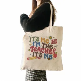 Merhaba Me Öğretmen Desen Tote Çantası Okula Geri Dönüş Graduati Öğretmen Tuval Omuz Çantaları Kadınların Yeniden Kullanılabilir Mağaza Çantası S28R#