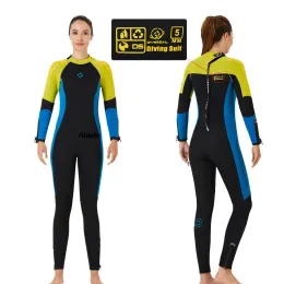 Suits Wetsuit Women 5mm Neoprene Full Body Suit onepiece LongSleeved Plus Velvet Diving Suit Free Diving Surfing Suit