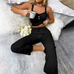 Conjunto de pijama informal para mujer, ropa de dormir Sexy con tirantes de encaje, pantalones largos, 2 piezas