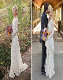 Wspaniała głęboka aplikacja Kelly Clarkson Long Rleeve Linia Sheer White Lace Wedding Sukienki z zamiatającym pociągiem Eleganckie sukienki1265488