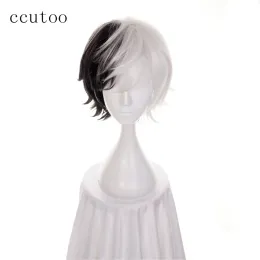 Wigs ccutoo 12" Half Black and White Short Synthetic Hair Heat Resistance Fiber Cosplay Wig Bungo Stray Dogs Kyuusaku Yumeno