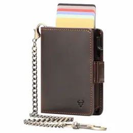 Crazy Horse Leather Card Holder RFID Blocking Card Case Smart Pop-Up Cardholder Fi Men's Plånbok med LG-stöldkedja 32SR#