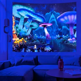 Svampskogsflod UV Reaktiv Tapestry Psychedelic Starry Night Sky Plant Landscape Wall Hanging For Bedroom Eesthetic