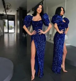 2021 azul royal vestidos de baile quadrado pescoço manga curta bainha alta fenda até o chão lantejoulas rendas bling vestido7069532