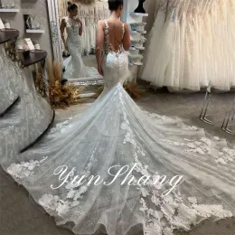 Yunshang Luxury Mermaid Wedding Dresses WomenLace Open Back V-NeckApplique Spaghetti Straps Bridal Gown Train Vestidos de Novia