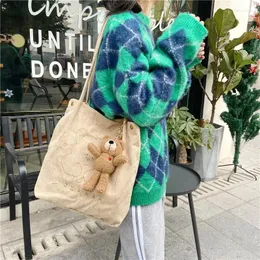 Saco coreano veludo senhora ombro shopper 2024 bonito dos desenhos animados urso lona tote sacos de compras para meninas estudantes bolsas femininas