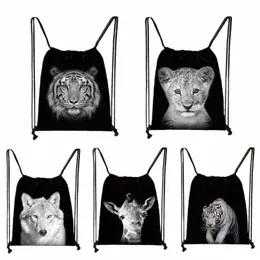 black White Wild Animals Print Drawstring Bag Men Storage Bags Boys Tiger Li Wolf Backpack Teenager Travel Bag 35X55cm O8sG#