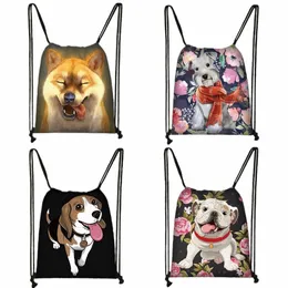 cute Yorkshire Terrier / Shiba Inu / B / Bulldog Drawstring Bag Women Fi Storage Bag Puppy Dog Travel Bags Backpack 323P#