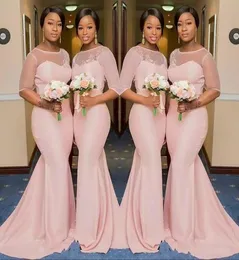 2022 Blush Pink Sheer Jewel Neck Bridesmaid Dresses 12 Sleeve Mermaid golvlängd Black Girls Maid of Honor Gown Wedding Guest Dr7384960