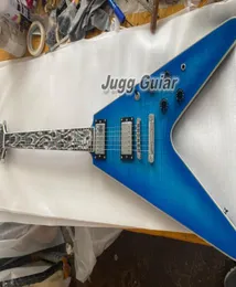 Lança-chamas raro Flying V Ultima Fire Tiger Blue Flame Maple Top Guitarra Elétrica Branco Pearloid Abalone Flame Inlay 3 Pickups9133089
